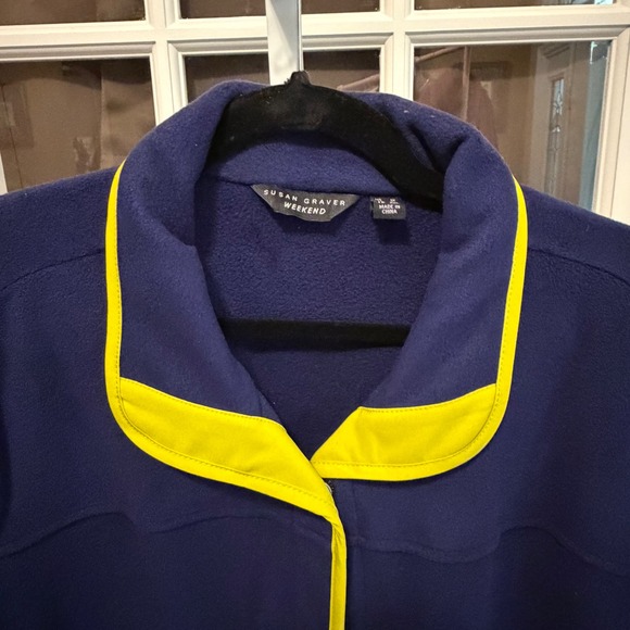 Susan Graver Weekend Jackets & Blazers - Susan Graver Weekend Blue Fleece Jacket with‎ Yellow Trim